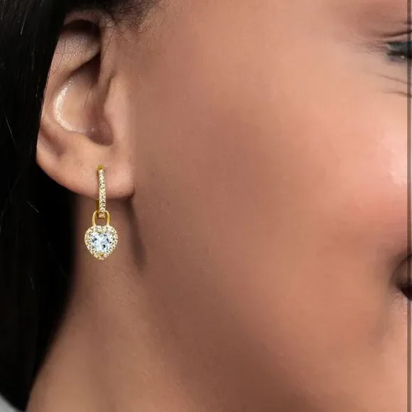 18K Yellow Gold 925 with 1.96 Cttw Aquamarine and White Sapphire Heart Earrings